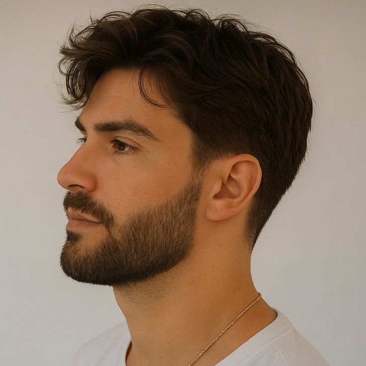 Side view of low beard blend with longer hairstyle