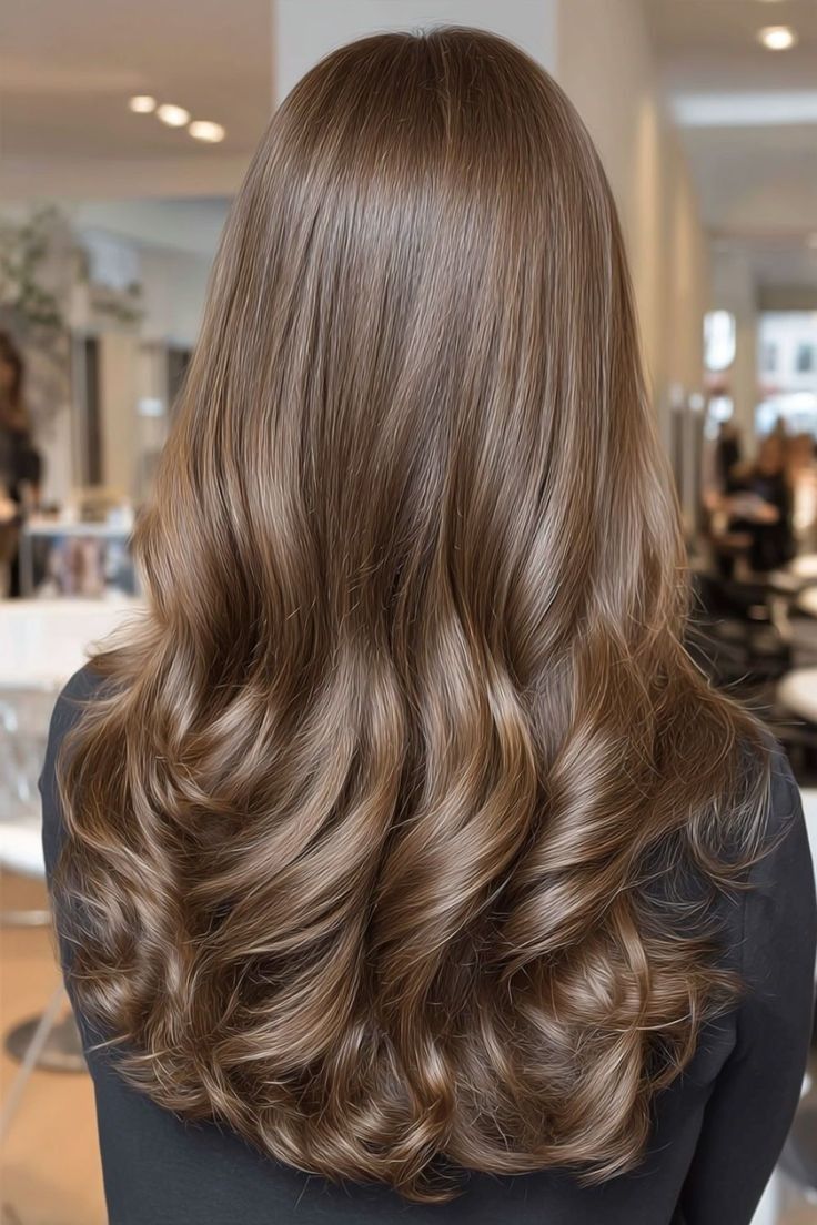 Long glossy brown salon hair color