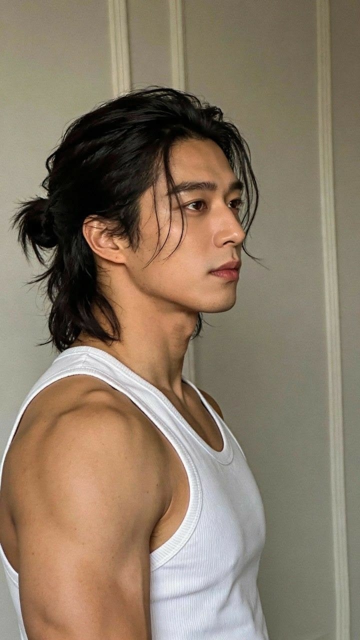 Long layered hairstyle with loose tieback