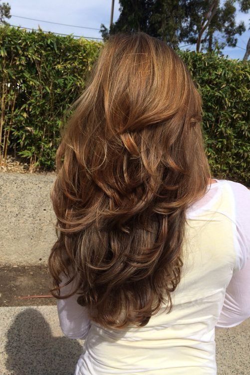 Back view of long butterfly layered women's hairstyle