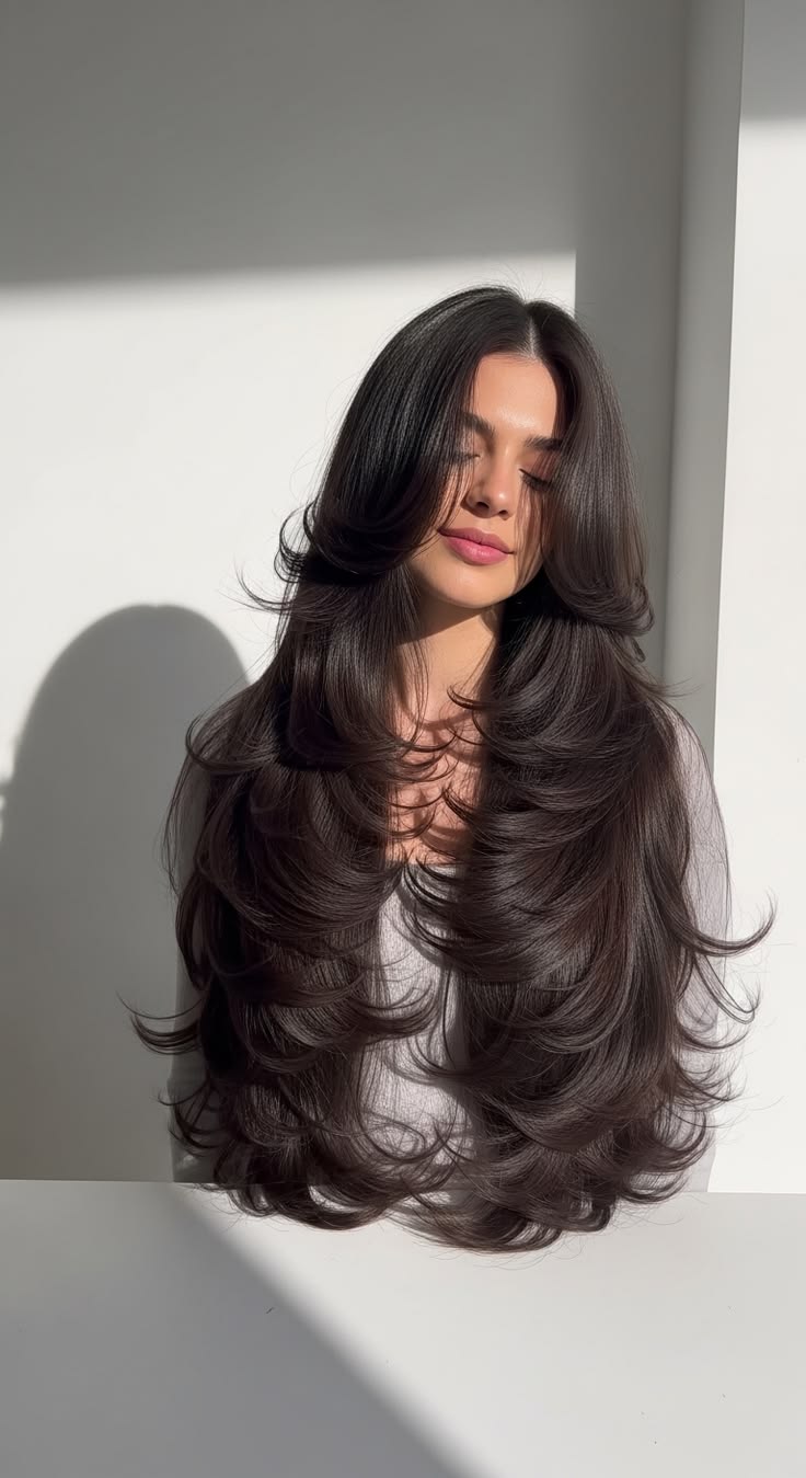 Mirror view of textured shoulder length women's hairstyle